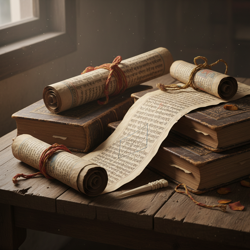 Ancient manuscript illuminated by light — symbol of Vedic wisdom